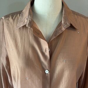 Bailey 44 Pink semi sheer rhinestone Button Down Shirt Notched Collar ELEGENT M